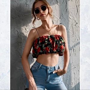 Floral Print Drawstring Strap Blouson Tube Top